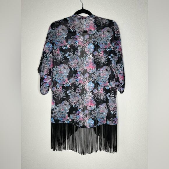XHILARATION Womens Floral Printed Fringe Sheer Swim Cover up Size XS - Picture 3 of 5